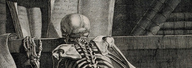 V0008800 A kneeling skeleton, seen from behind, reading a book on a